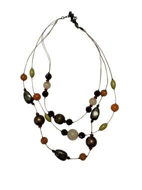 Vintage Multistrand Beaded Necklace Olive Green Amber Brown Bronze 15 Inch